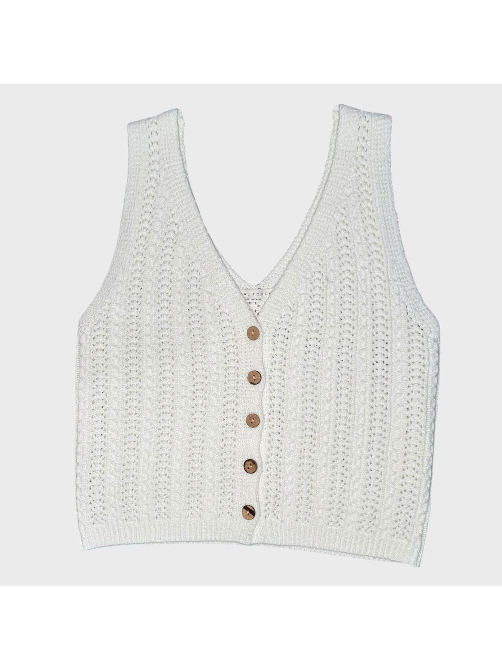 Final Touch Knit Button Vest White Cropped V Neck Layered Academia Style Y2K